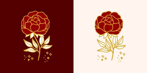 Hand drawn vintage botanical rose flower logo and feminine beauty brand element