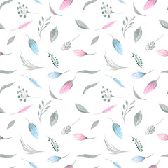 Fototapeta na wymiar Seamless pattern of floral elements Pink and blue tulips, spring greenery, foliage, branches on a white background