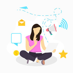 woman with laptop vector flat illustration for refer a friend social media promotion program