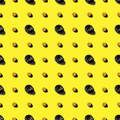 Pattern with a cup of coffee and cookies on a yellow background.