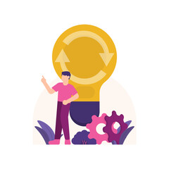 the concept of processing or recycling and developing ideas, innovative and creative thinking. illustration of a man getting a brilliant idea. light bulb and gear. flat style. design elements