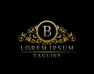 Luxury Boutique Letter B Monogram Logo, Elegant Gold Badge With Classy Floral Design.
