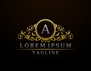 Luxury Boutique Letter A Monogram Logo, Elegant Gold Badge With Classy Floral Design.