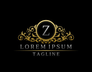 Luxury Boutique Letter Z Monogram Logo, Vintage Golden Badge With Elegant Floral Design.