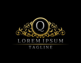 Luxury Boutique Letter Q Monogram Logo, Vintage Golden Badge With Elegant Floral Design.