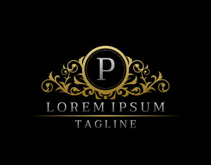 Luxury Boutique Letter P Monogram Logo, Vintage Golden Badge With Elegant Floral Design.