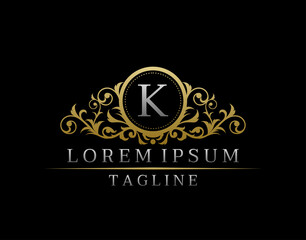 Luxury Boutique Letter K Monogram Logo, Elegant Gold Badge With Classy Floral Design.
