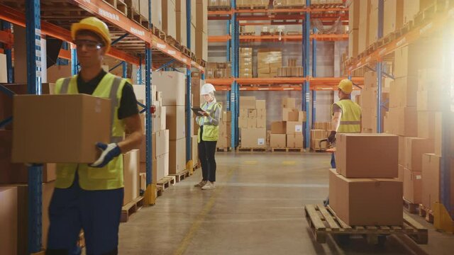 Retail Warehouse full of Shelves with Goods in Cardboard Boxes, Workers Scan and Sort Packages, Move Inventory with Pallet Trucks and Forklifts. Product Distribution Logistics Center