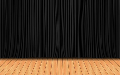 black curtain on the wooden stage in the hall
