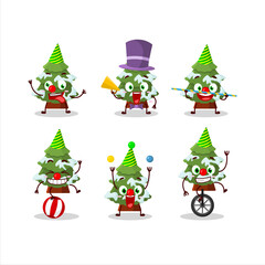 Cartoon character of green snow christmas tree with various circus shows