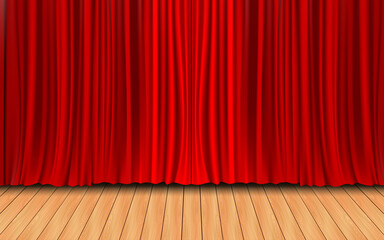 red curtain on the wooden stage in the hall