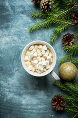 Obraz na płótnie Canvas Christmas decorations with hot chocolate and marshmallows. Christmas background.
