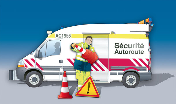 S&eacute;curit&eacute; sur autoroute - Agent installant des balises