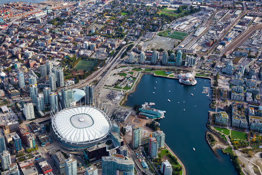 Aerial view of the City Buildings in Vancouver Downtown , British Columbia, Canada. Modern Cityscape