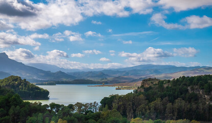 Fototapeta premium Bridge, Dam and Reservoir of The Conde De Guadalhorce, Andalusia, Spain