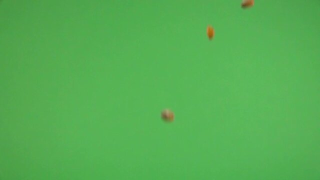 Corn kernel falling on a chroma background.