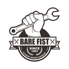 Vector logo, badge, symbol, icon template design with Tool and Hand Theme
