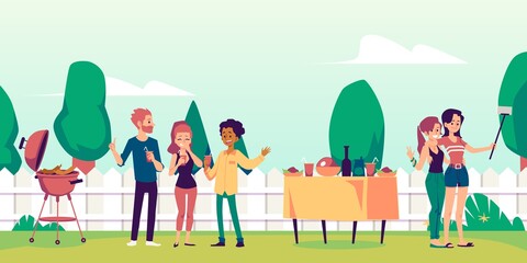 Landscape with people celebrating holiday in backyard, flat vector illustration.