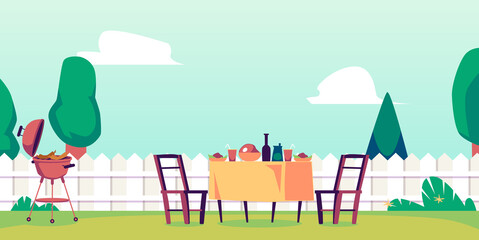 Backyard bbq party and picnic outdoors, flat cartoon vector illustration