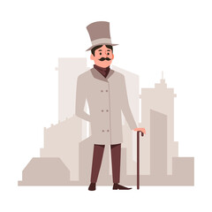 Respectable vintage gentleman at backdrop of city flat vector illustration isolated.