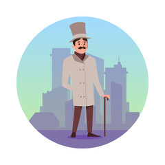 Victorian gentleman in coat and cylinder hat, cartoon flat vector illustration.