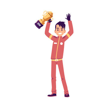 Car race driver or pilot holding trophy cup, flat vector illustration isolated.