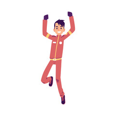 Fototapeta premium Sport car pilot of racer jumping for joy, flat vector illustration isolated.