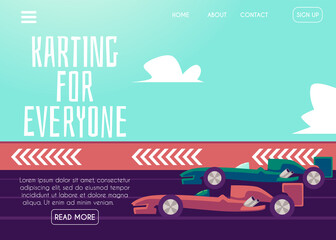 Karting website page template with speed racing cars flat vector illustration.