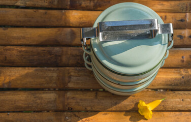 Zinc coated food carrier in Thailand countryside, beautiful natural farm atmosphere in the morning