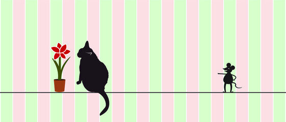 The black cat is enjoying the scent of the Amaryllis flower, and the mouse is laughing at the cat. Vector illustration on a striped background.  © venecia