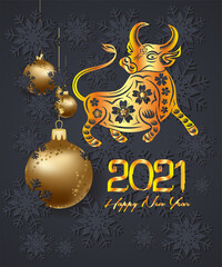 Luxury Elegant Merry Christmas and happy new year 2021 Zodiac of Ox poster. Frame and gold christmas balls