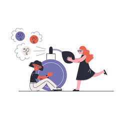 Young women with huge perfume bottle. A woman embraces a perfume bottle. Sale perfumery concept. Vector illustration. 