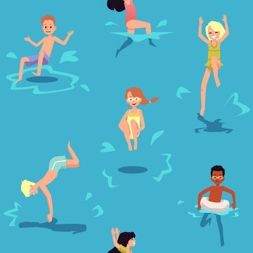 Vector banner with children jumping, diving and swimming in water