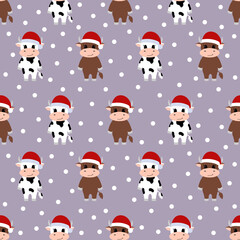 Seamless pattern with cartoon cow in Santa hat. New year 2021. Vector illustration.