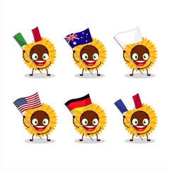 Sunflower cartoon character bring the flags of various countries
