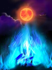 The background of blue fire and creepy moon in the night