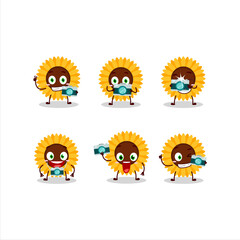 Photographer profession emoticon with sunflower cartoon character
