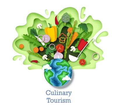 Culinary tourism concept vector illustration. Paper cut craft style planet Earth globe and healthy fresh vegetables. Cooking food ingredients. Gastronomic tour. Travel food experience. World cuisine.