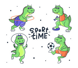 Cartoonish dinosaurs with a dumbbell, a ball, a hoop, a rope