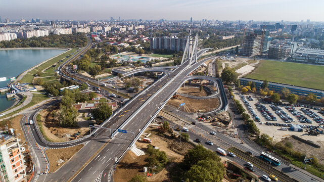 Aerial view of the Ciurel Passage Suspended Bridge on a sunny day.