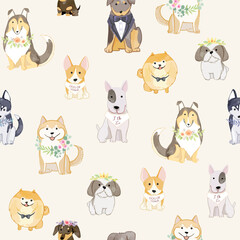 Obraz na płótnie Canvas Adorable dogs wearing wreathes seamless pattern for kids apparel, fabric, wrapping paper.