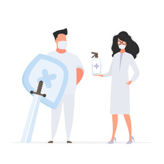 Man and Girl doctor. Medics in medical masks. Spray bottle. Sanitizer in a flat style. Vector.