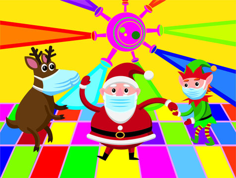 cartoon illustration of Santa Claus, elf and a reindeer disco dancing whilst wearing face masks