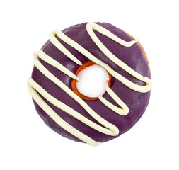 Donut with purple icing and white stripes isolated on white background.