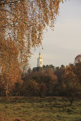 Obraz premium Autumn landscape with the view of church and trees
