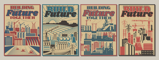 Build for the Future Retro Soviet Propaganda Posters Style, Industrial and Agricultural Background Set, Factory, Plant, Construction Site Templates