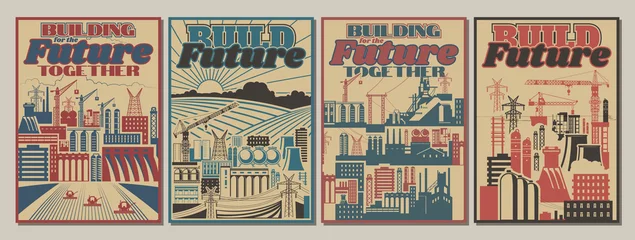 Poster Build for the Future Retro Soviet Propaganda Posters Style, Industrial and Agricultural Background Set, Factory, Plant, Construction Site Templates © koyash07