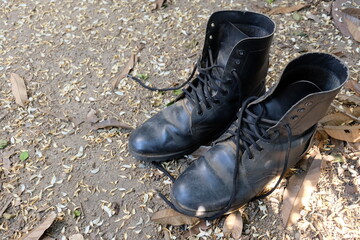 Leather boots of Thai military students after the training.