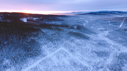 Aerial Winter forest after snow at sunset, Fairbanks, Alaska