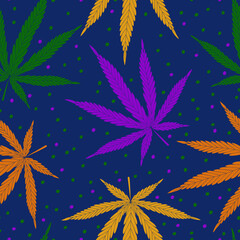  Cannabis leaf. Colorful vector seamless pattern on a dark background with dots.